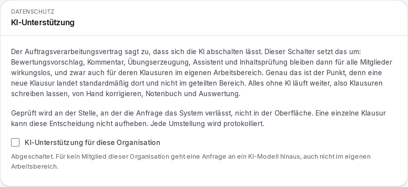 examundo, Team-Einstellungen: der Schalter „KI-Unterstützung für diese Organisation“ steht auf aus, darunter der Hinweis, dass für kein Mitglied eine Anfrage an ein KI-Modell hinausgeht.